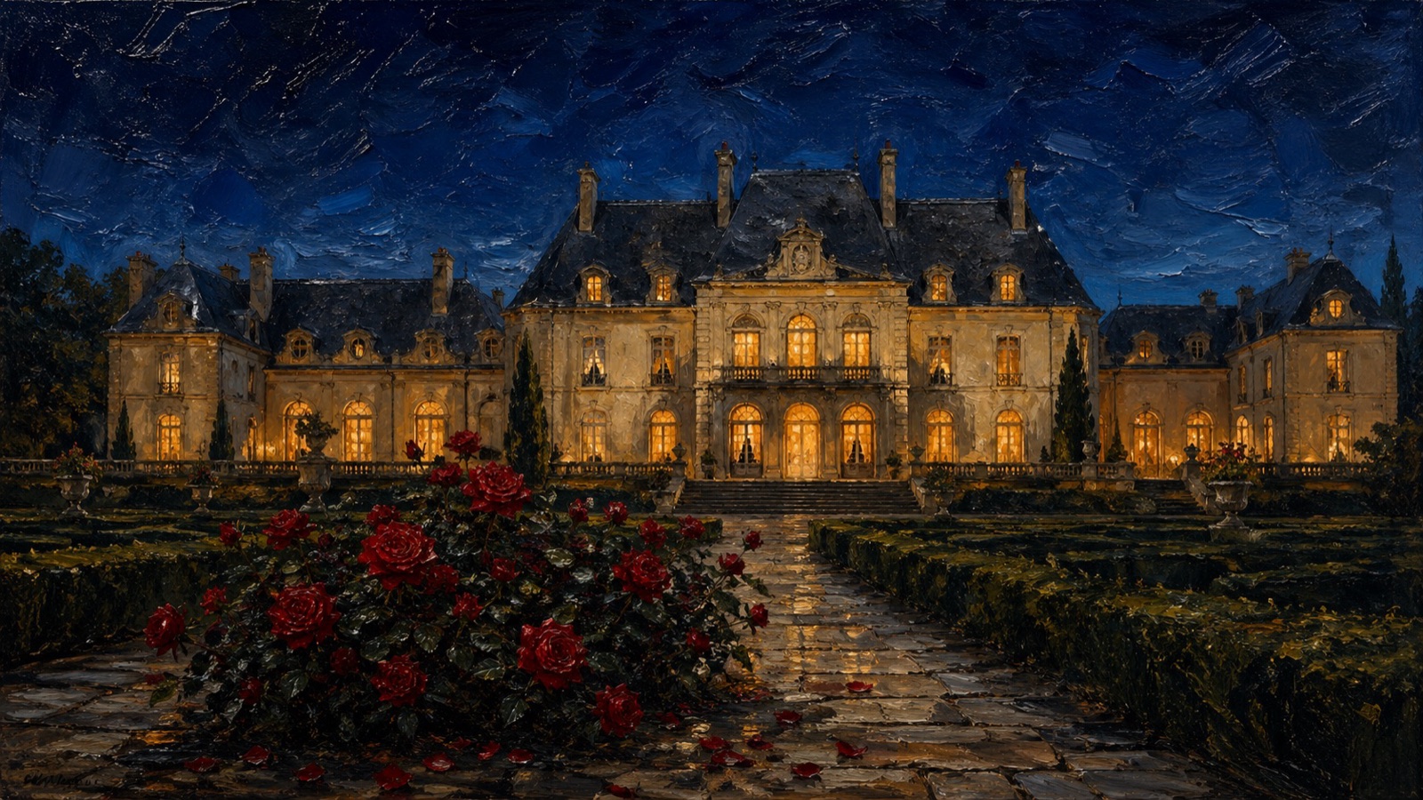 Oheka Castle at dusk. The exterior of the Long Island mansion where the Blank Space music video was shot in September 2014.