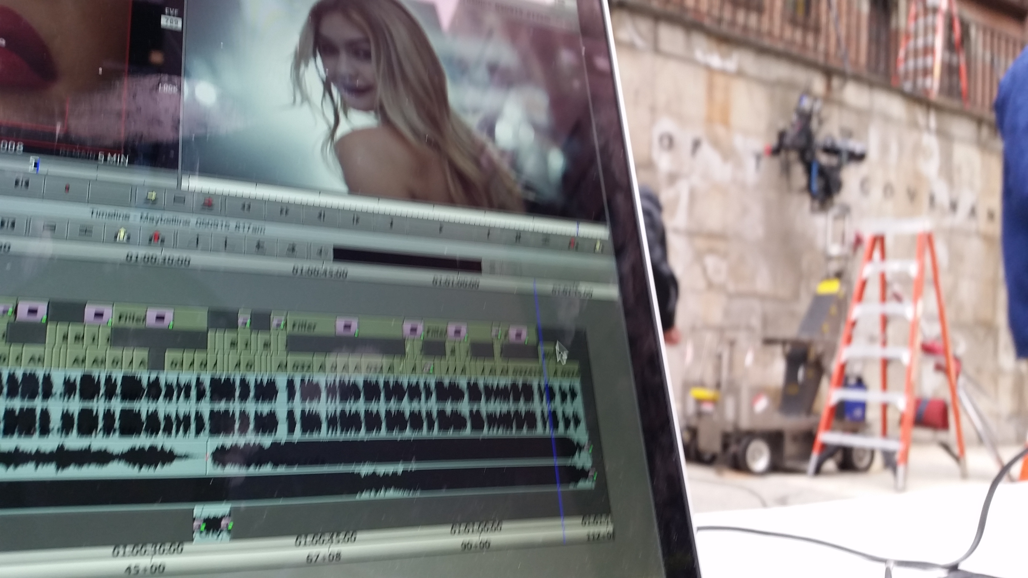 Avid Media Composer timeline cutting the Maybelline campaign with Gigi Hadid. Timestamp 5:23 AM.