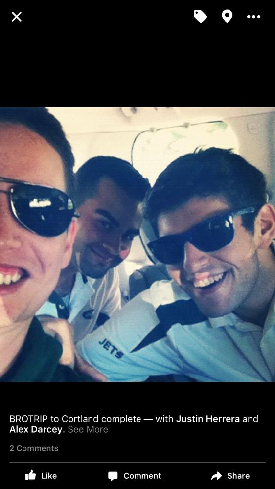 A Facebook post showing three men in New York Jets polo shirts, captioned: BROTRIP to Cortland complete, with Justin Herrera and Alex Darcey.
