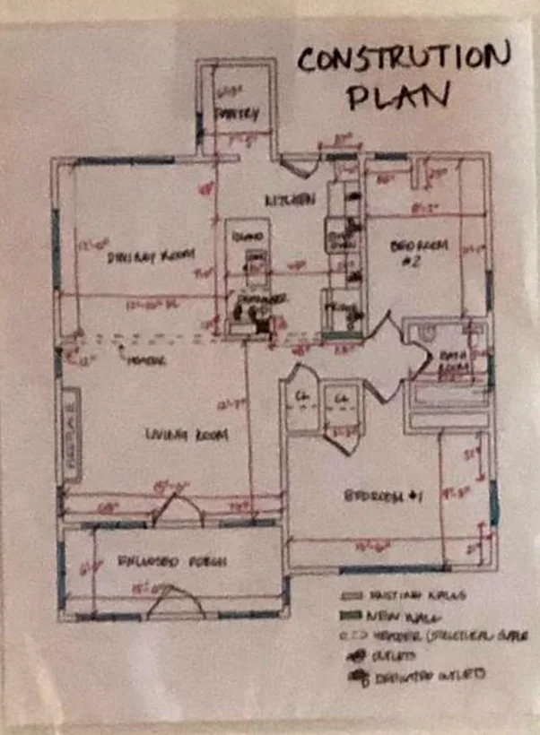 Hand-drawn construction plan with dimensions and outlet locations
