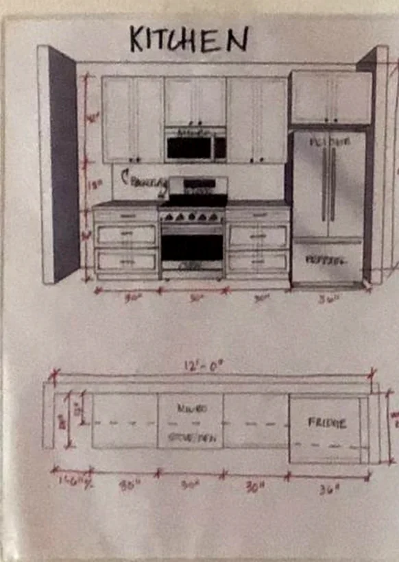 Hand-drawn kitchen elevation with cabinet dimensions